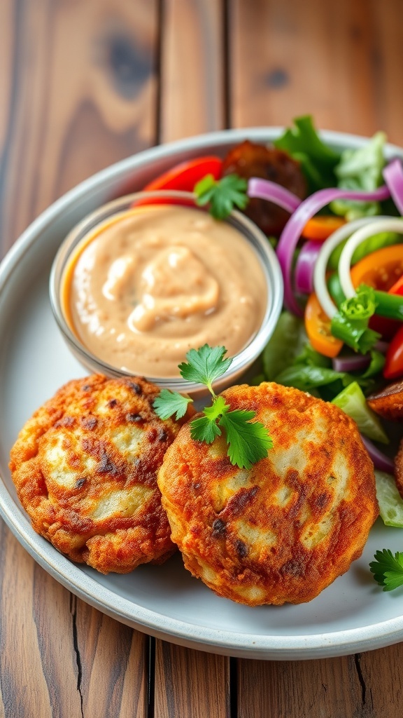 Crispy fried tuna patties on a plate with parsley and dipping sauce, served with a salad on a wooden table.